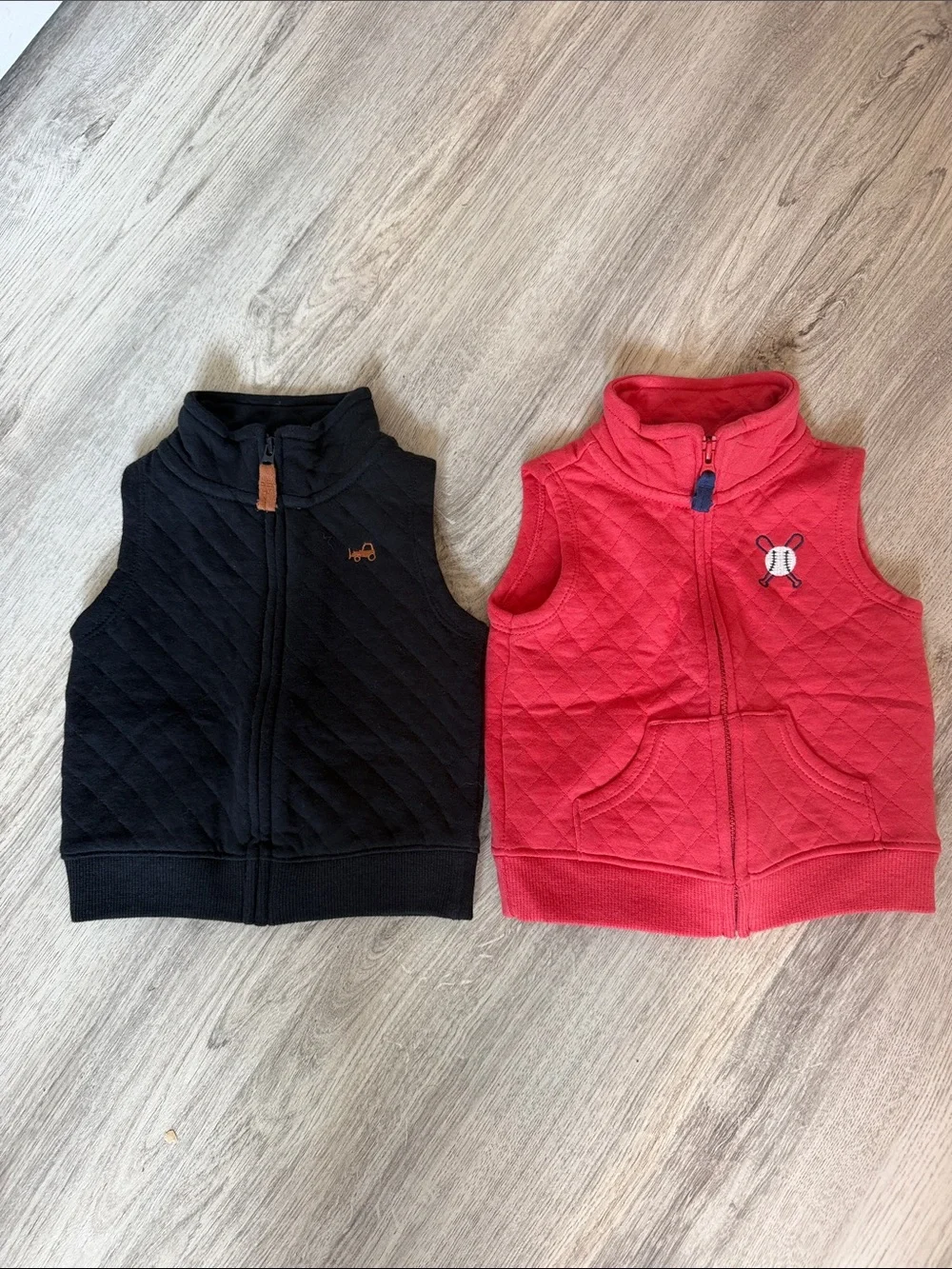 Carter's Quilted Sleeveless Zip Vests - Black truck & Red baseball